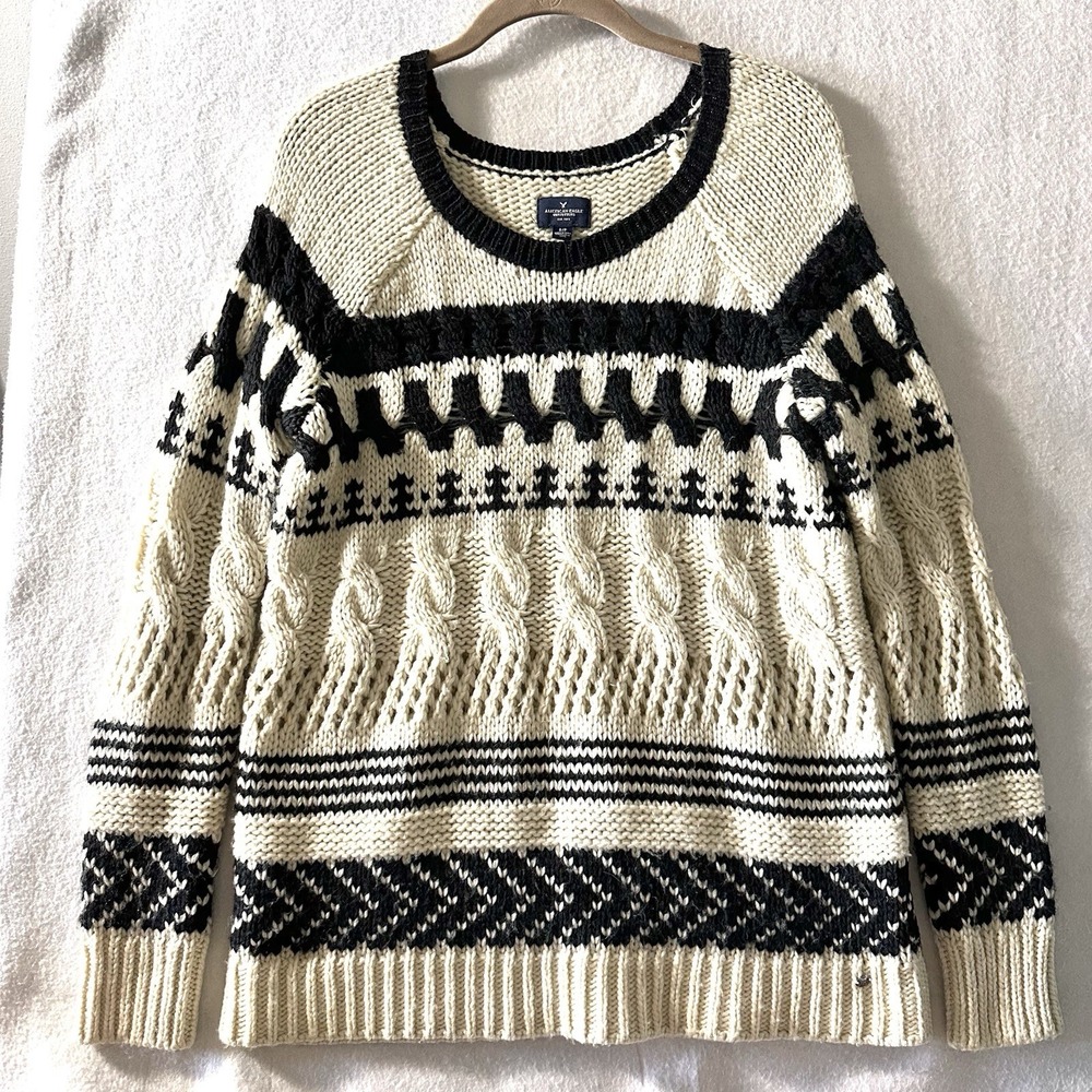 American‎ Eagle S Small Fisherman Sweater Wool Icelandic Fair Isle Chunky Cable